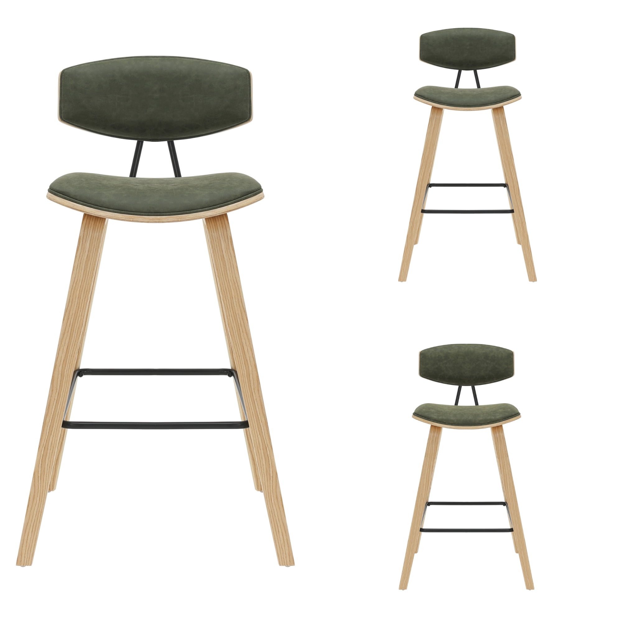 Fox 38 in. H Bar Height Vintage Green Curved Back Wood Bar Stool with Faux Leather Seat Set of 3