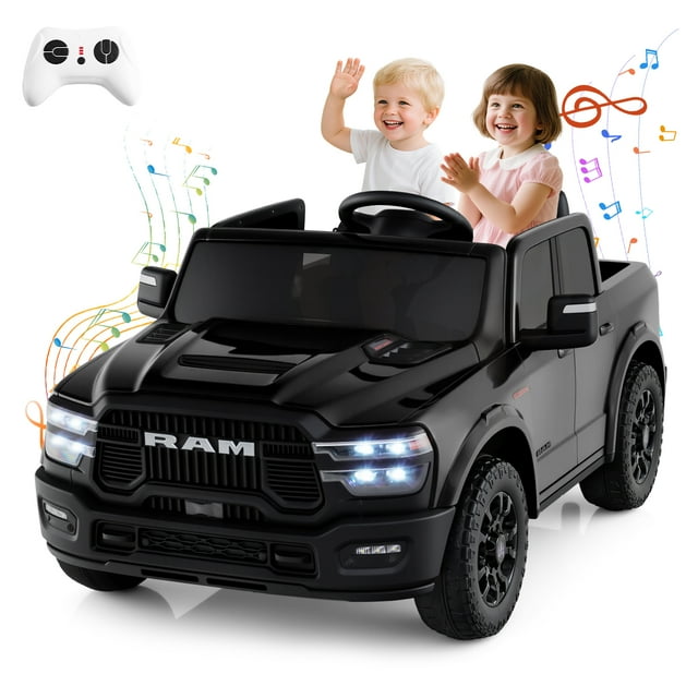 Gymax Camion à Chevaucher 24V 2 Places avec Télécommande 3 Vitesses Bluetooth Phare DEL Noir