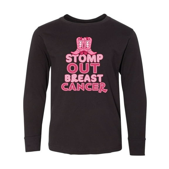 Inktastic Stomp out Breast Cancer with Pink Cowgirl Boots Long Sleeve Youth T-Shirt