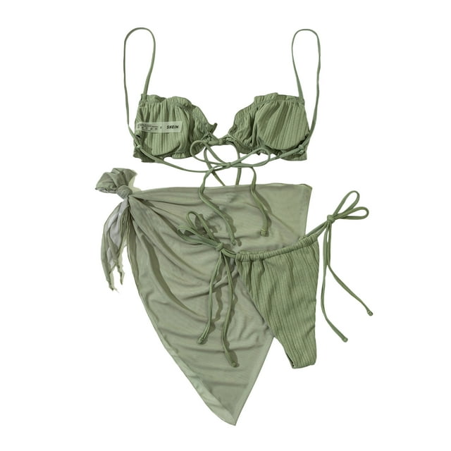 TheFound Women Split Swimsuit Set Solid Color Bikini+Lace-up Panties+Cover Ups
