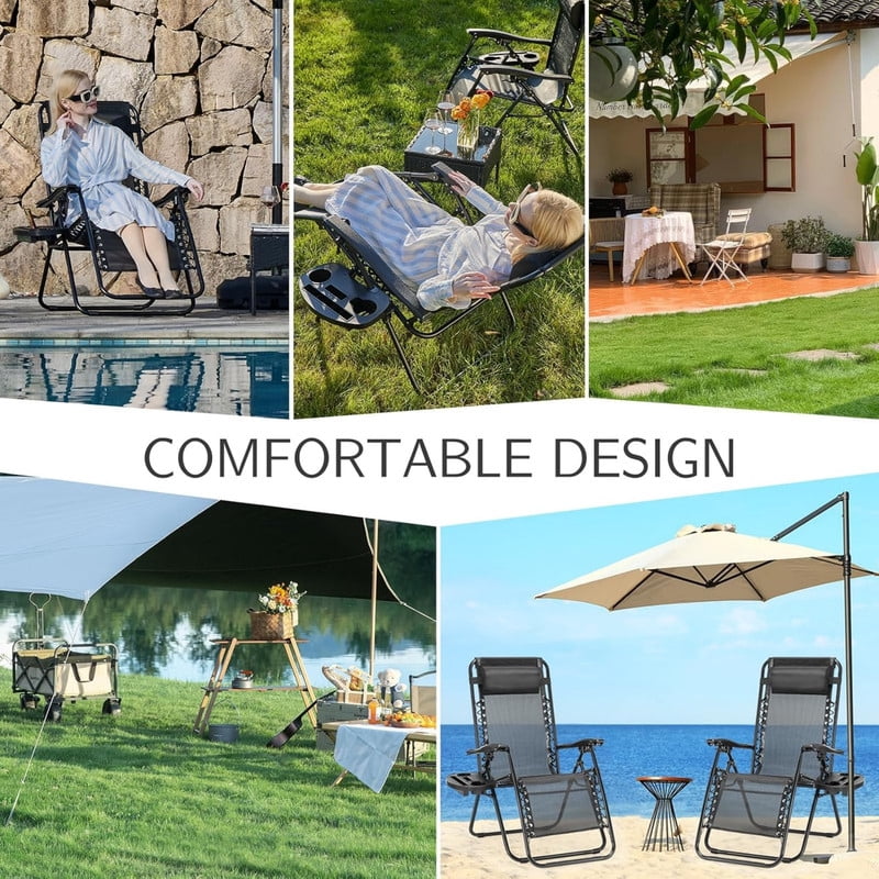 Kelno Recliner Chair 2 Pack Zero Gravity Adjustable Pillow Outdoor Portable Lounge Chair with Cup Holder Tray, Black