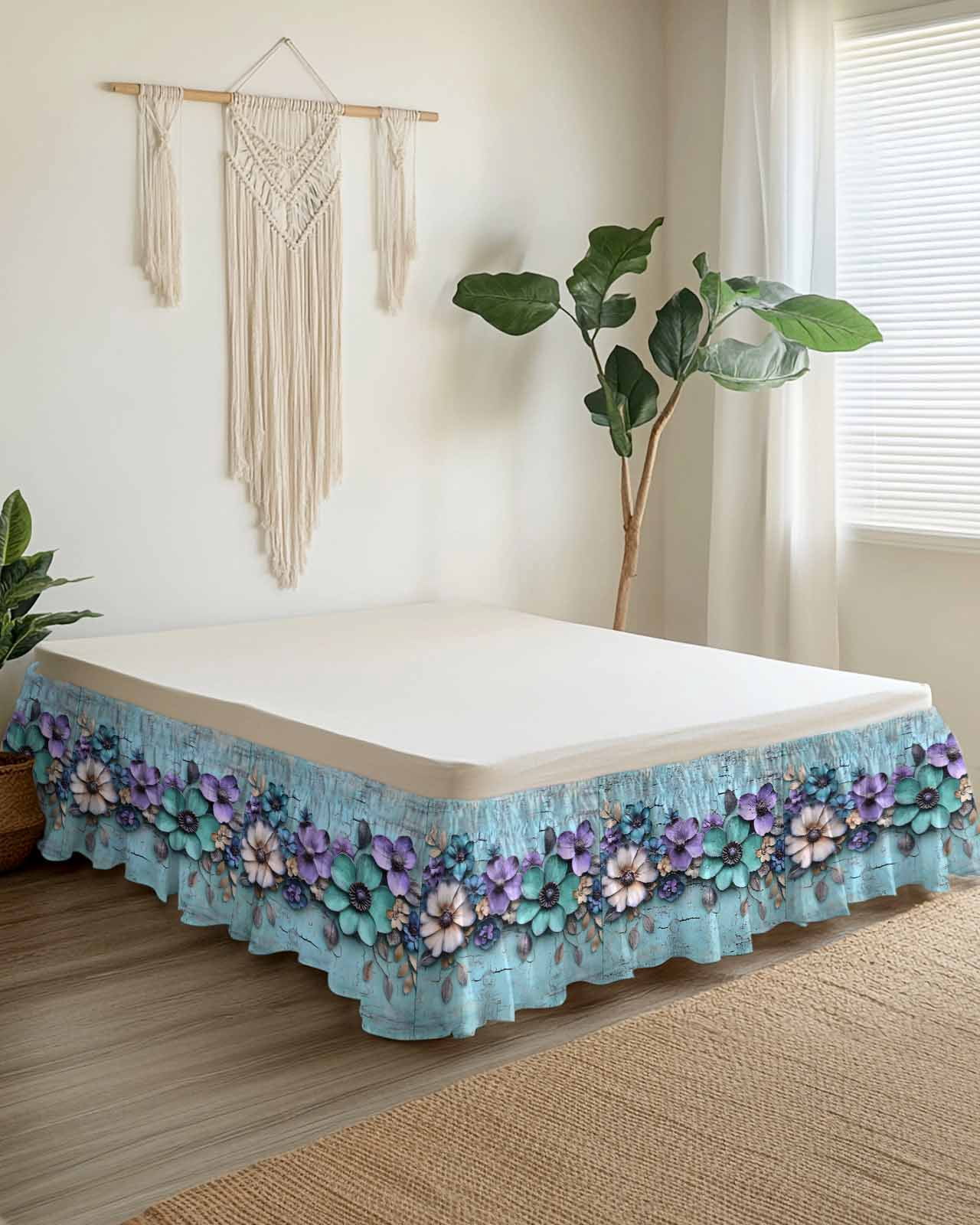 Spring Purple Flowers Wrap Around Bed Skirts for Queen Bed 18" Drop,Bed Skirt with Adjustable Elastic Belt Dust Ruffle Bed Valance for Bedroom Hotel Floral Mottled Teal Wall Retro Bed Frame Cover