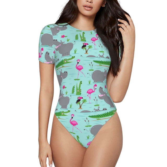 Balery Hippo With Flamingos And Crocodiles Body de cuello redondo de manga corta para mujer Tops de manga corta Tops básicos-XX-Large