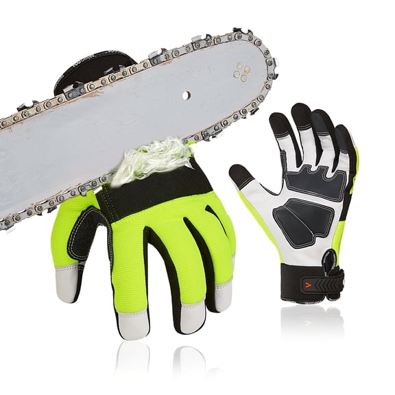 Vgo...1Pair Chainsaw Gloves, 12-Layer Chainsaw Protection on Left Hand Back, Safety leather Work Gloves, Mechanic Gloves(L,Green,GA8912)