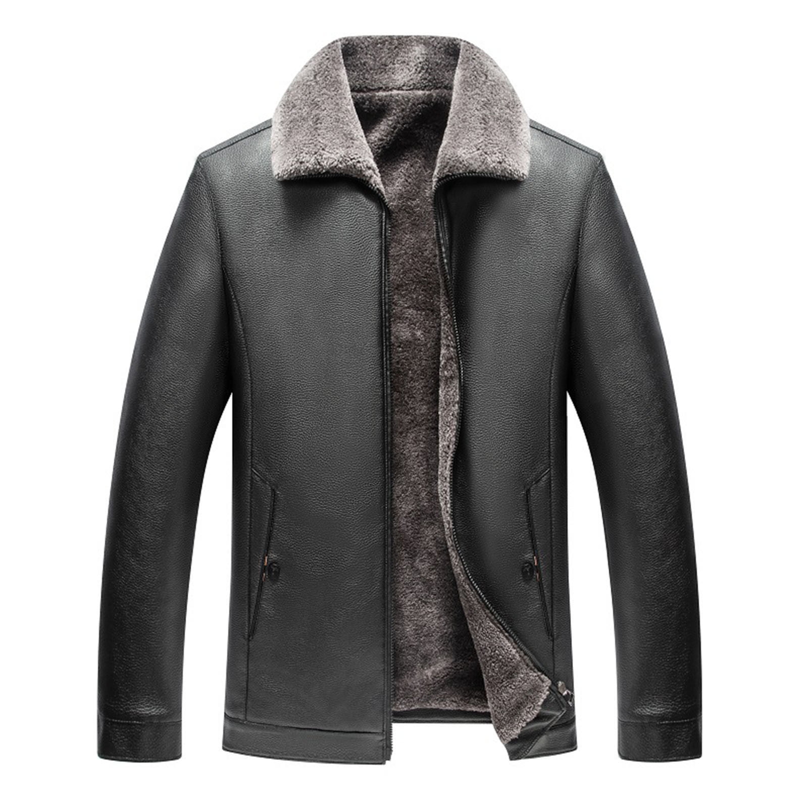 Tqyyweavej Men's Faux Leather Aviator Bomber Jacket with Fur Collar Warm Fleece Lined Biker Jackets Classic Vintage Winter Coats