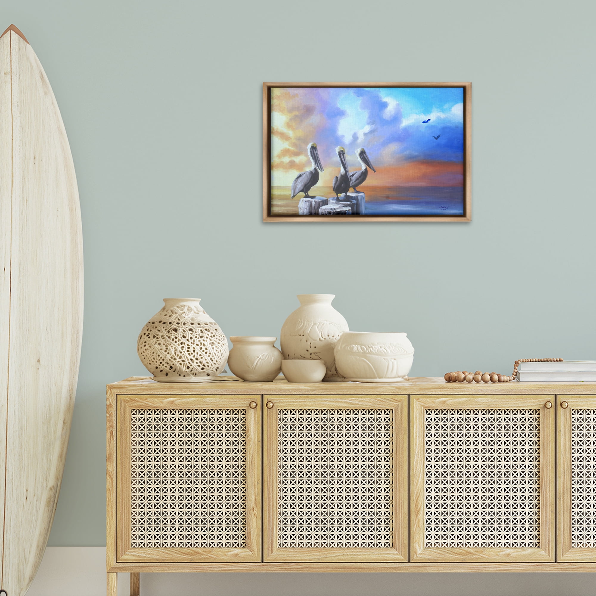 Stupell Industries Vivid Pelican Trio Landscape Painting Brown Floater Framed Canvas Art Print Wall Art, 25 x 17