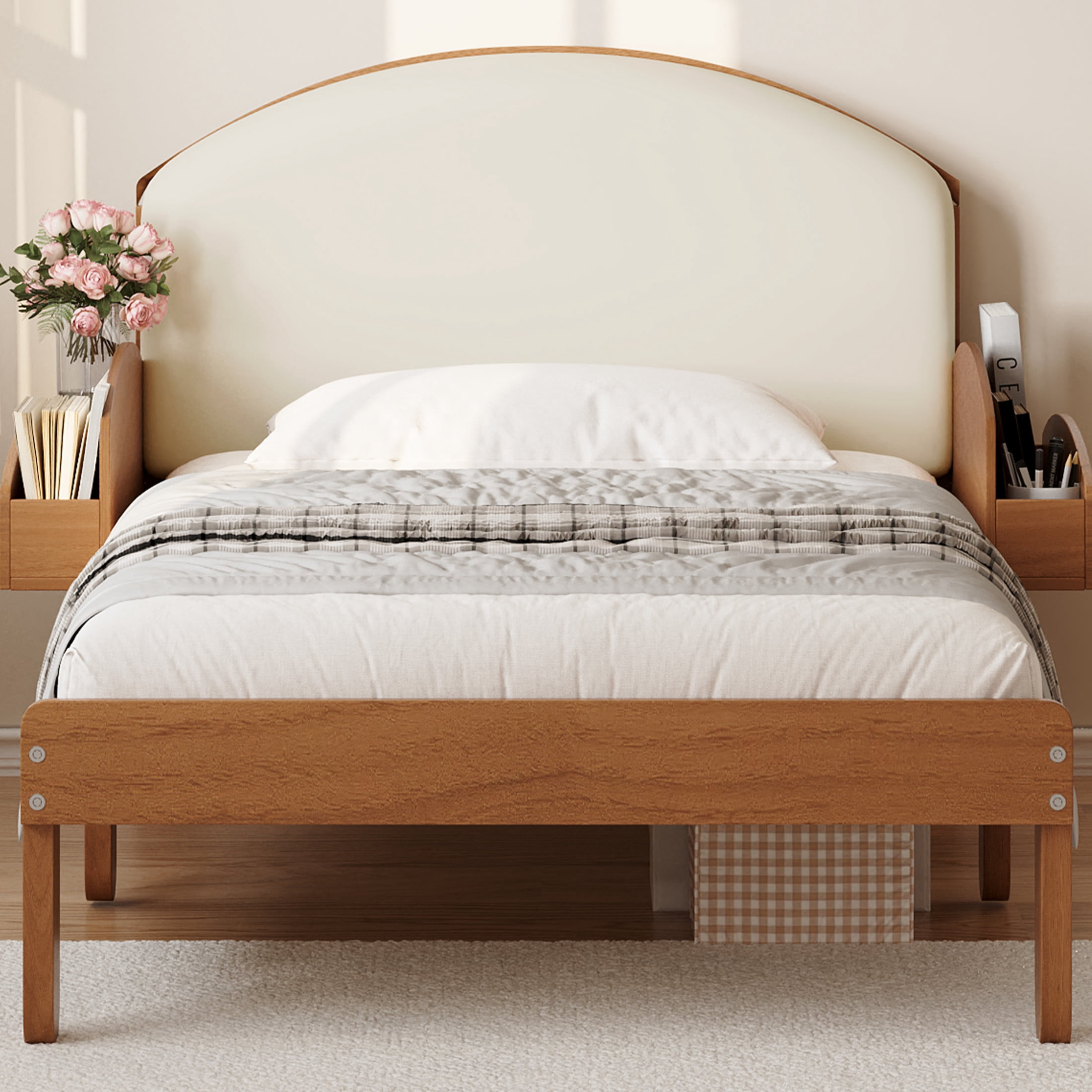 Noble House Twin Size Platform Bed with Curved Padded Headboard, Side Storage Shelves, Light Walnut