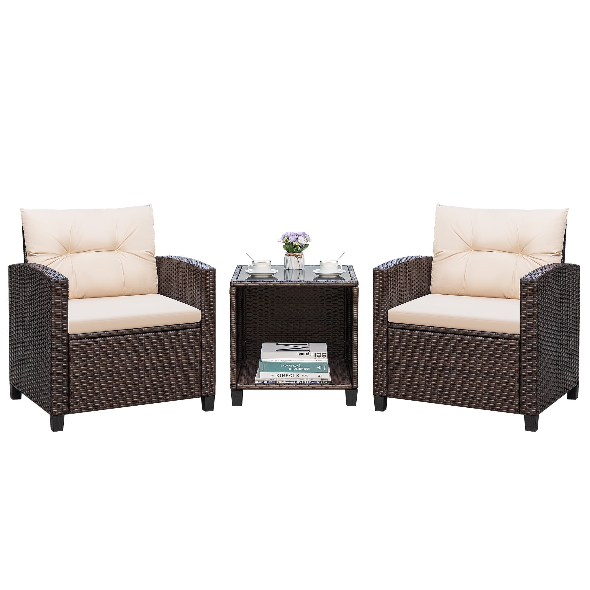 Homall 3 Piece Patio Furniture Set, Outdoor Rattan Chair with Cushion and Coffee Table, Patio Bistro Set for Balcony, Garden, Porch, Beige