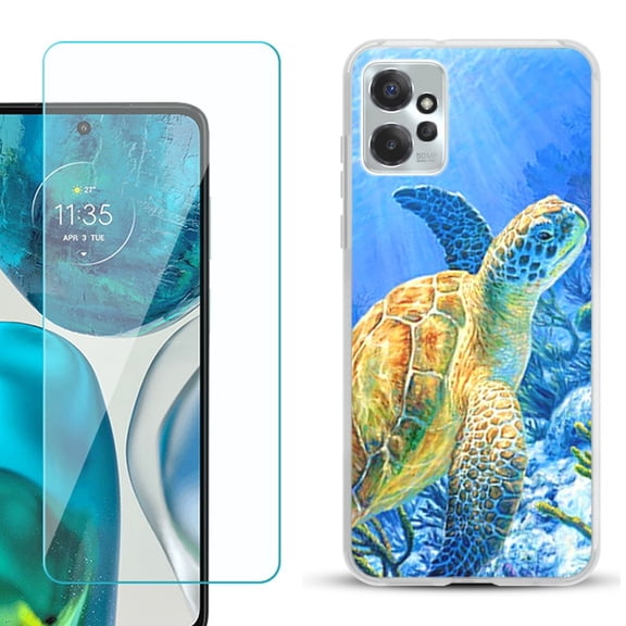 OneToughShield ® for Motorola Moto G Power 5G 2023 Shockproof Fashion Phone Case, with Tempered Glass Screen Protector - Sea Turtle