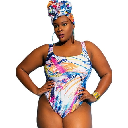 Women Plus Size Floral High Waist Strappy Bikini Swimwear Monokini Beach Swimsuit (Your Best Look Swimwear)