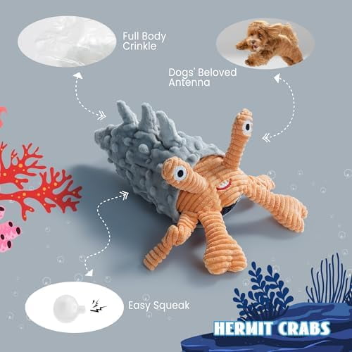 Crinkle Squeaky Octopus Dog Toy - Ocean Theme Stuffed Interactive Rope Toys for Small, Medium & Large Dogs, Durable for Aggressive Chewers (Crab)
