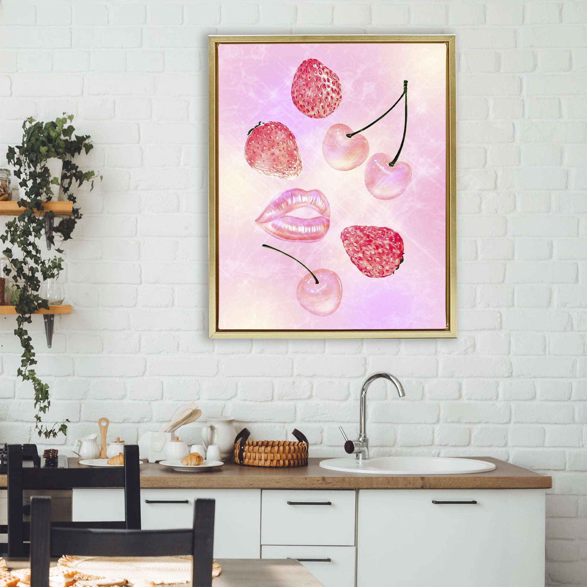 Pink Fruits and Kisses Gold Framed Floater Canvas Wall Art, design by Ziwei Li