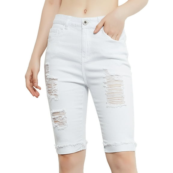 Women's Juniors High Waist Ripped Holes Washed Distressed Short Denim Jeans, White, X-Large