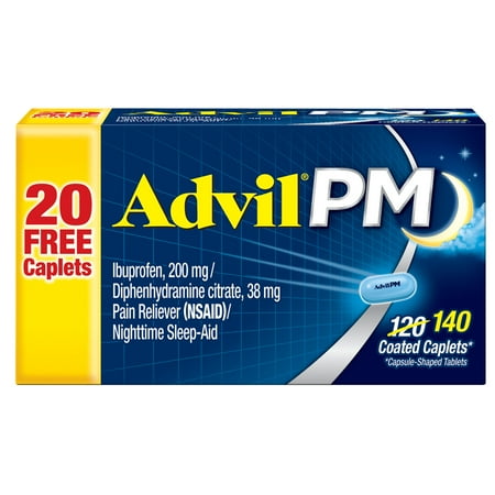 Advil PM Pain Reliever and Nighttime Sleep Aid, Ibuprofen for Pain Relief and Diphenhydramine Citrate for a Sleep Aid - 140 Coated Caplets