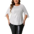 thumbnail image 2 of DARING DIVA Women's Plus Glitter 3/4 Sleeve Sparkle Sequin Blouse 2X Silver, 2 of 6