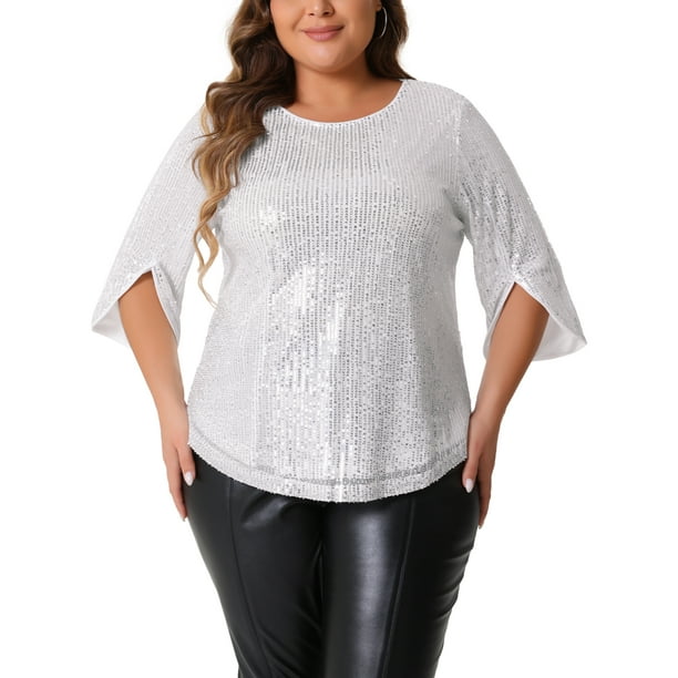 Agnes Orinda Blusas de Talla Grande para Mujeres con Lentejuelas Brillantes de Manga 3/4 y Cuello Redondo, Blusa de Fiesta con Brillo 2025 4X Plata