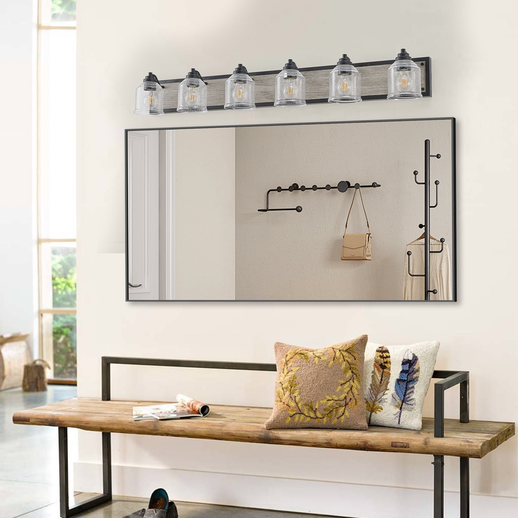 6-Light Farmhouse Bathroom Vanity Light, Brown Metal Vanity Light with Glass Shades,Rustic Wall Sconce Lighting Fixtures Over Mirror for Barhroom,Kitchen 48.5in