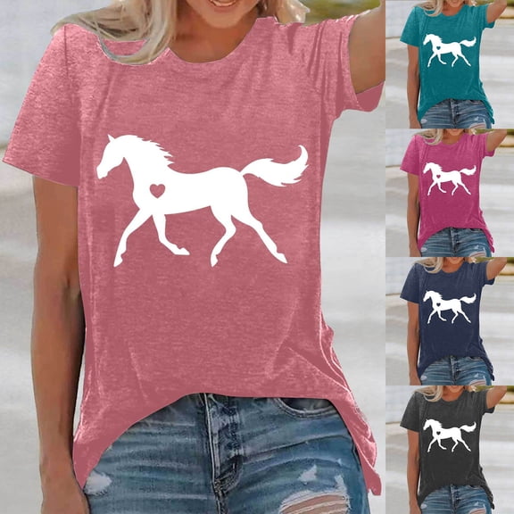 Trendfront Womens Casual Fashion Tops Short Sleeve Crewneck Shirt Horse Riding Graphic T Shirts Summer Loose Fit Daily Style Clothing