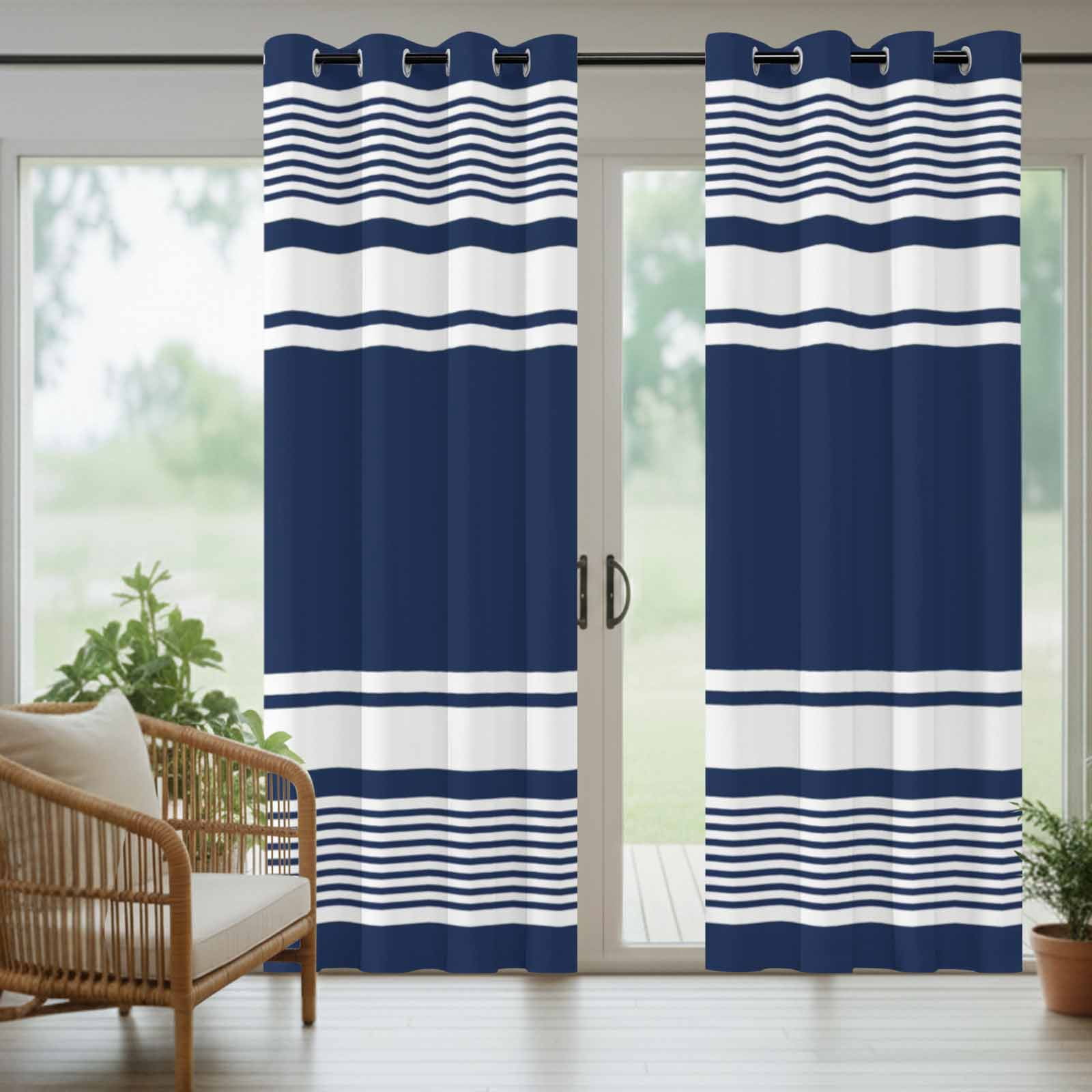 Navy Sage Striped Outdoor Curtains for Patio, Modern Classic Stripe Rustic Country Farmhouse Sunshade Privacy Drapes Grommet Waterproof Outside Curtains for Porch/Cabana/Balcony 54"x 95", 2 Panel