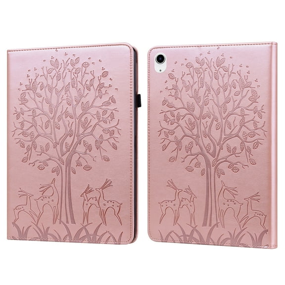 Allytechgroup Case for Apple iPad Air 11 Inch M3 M2 2025/2024/ iPad Air 5th 4th Gen 10.9", PU Leather Shockproof Flip Cover with Tree & Deer Pattern, Stand Feature & Elastic Band, Rosegold
