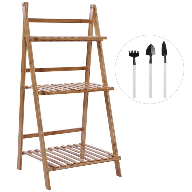 3Tier Bamboo Storage Balcony Fleshy Floor Rack Folding Flower Pot Stand Plants Shelf(Log color)