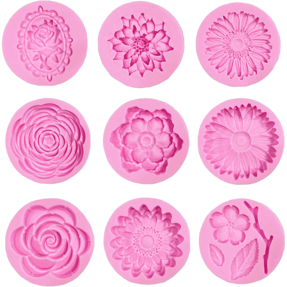 9pcs Flower Silicone Molds, Pink Fondant Candy Making Molds for Cupcake Dessert Chocolate Cookie Decor, Cake Decorations