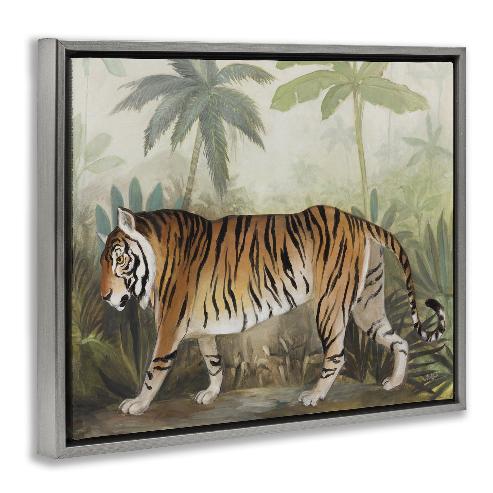 Stupell Industries Prowling Tiger in Forest Landscape Painting Gray Floater Framed Canvas Art Print Wall Art, 31 x 25