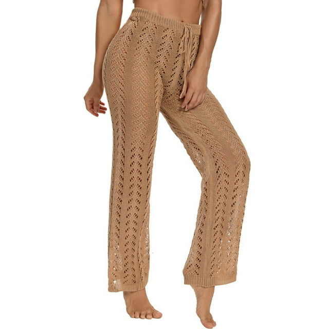 Pantalones de playa huecos de ganchillo para mujer, color puro, informal, elegante, con cordón en la cintura, traje de baño para cubrir pantalones, color caqui S