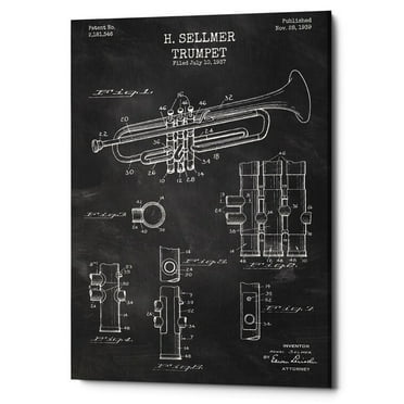 Epic Graffiti  "Trumpet Blueprint Patent Chalkboard" Giclee Canvas Wall Art, 12" x 18" 26" x 40"