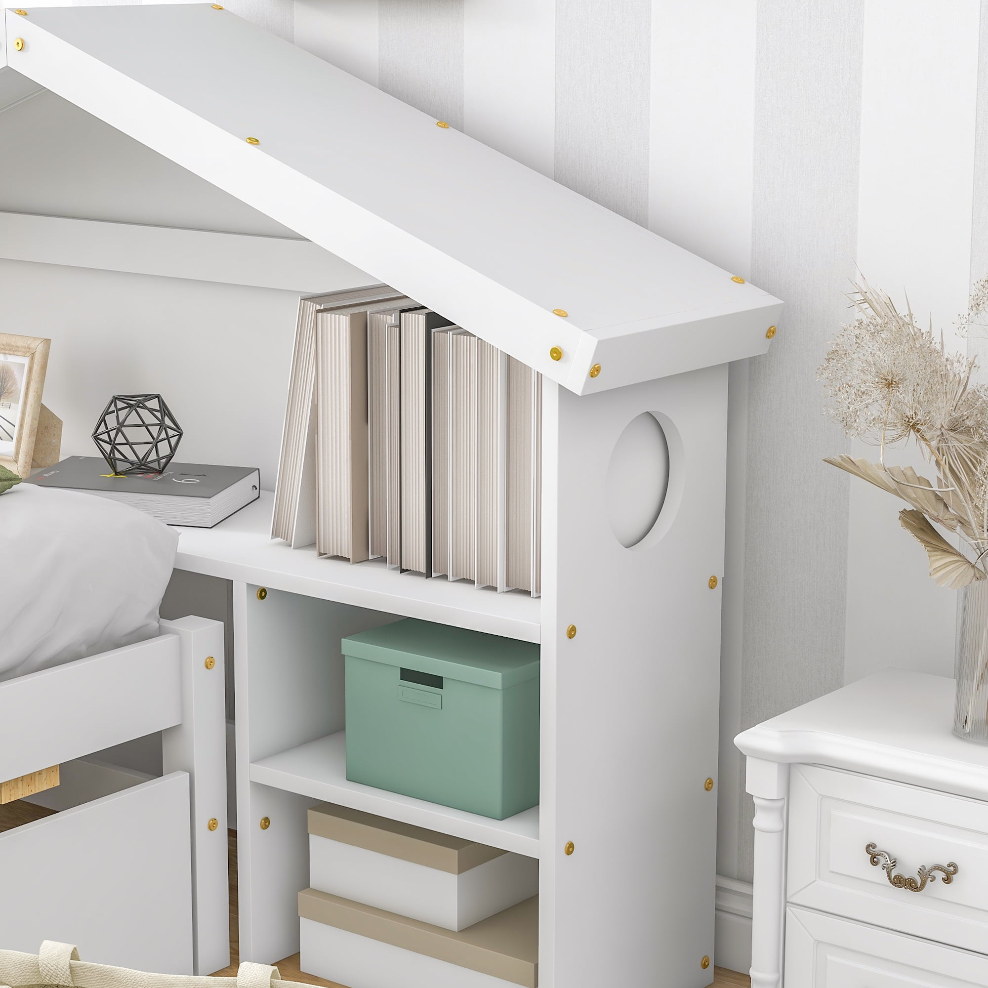 Euroco Wood Twin Size Platform Bed with Trundle and House Shelf for Kids, White