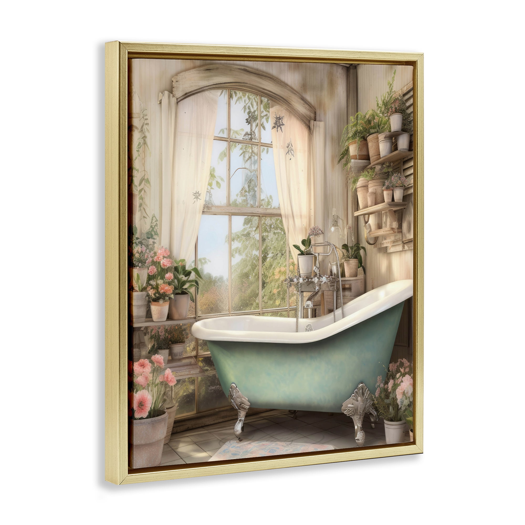 Bathroom with Floral Filled Shelves Gold Framed Floater Canvas Wall Art, design by Lettered and Lined