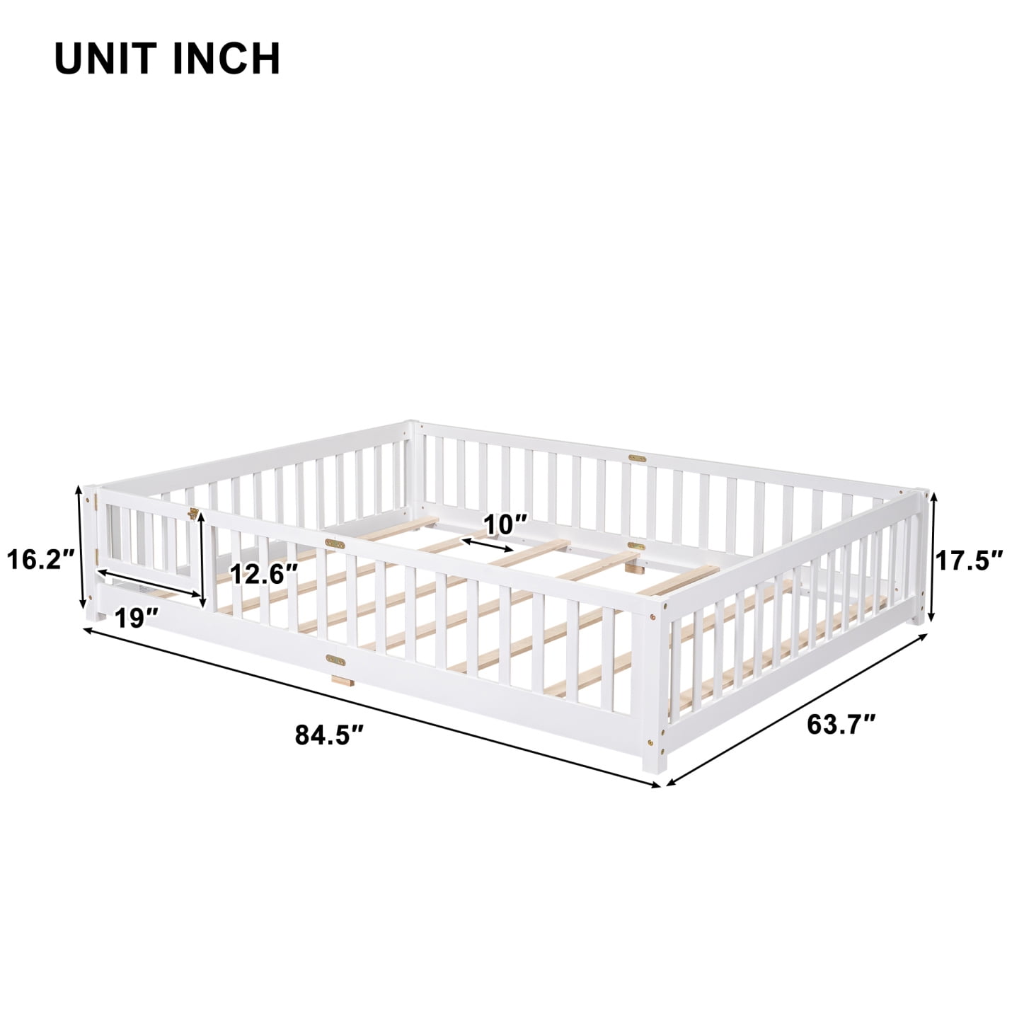 Queen Size Floor Bed with Fence for Kids, Wood Montessori Toddler Bed Frame with Door and Slats Support, Queen Size Platform for Girls and Boys, White
