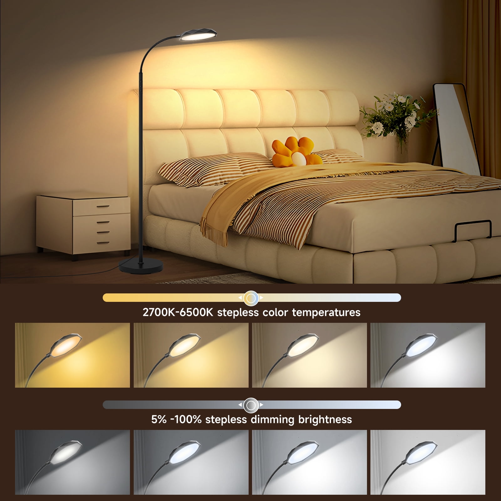 Floor Lamp, 18w 1800lm Super Bright Led Floor Lamps for Living Room,Stepless Dimmable Modern Floor Lamp 2700k-6500k, Reading Standing Tall Floor Lamps for Bedroom Office