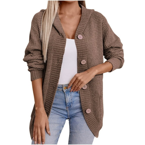 Fznquz Knit Womens Lightweight Cardigan Chunky Cardigan Sweater Brown Button Long Sleeve Loose Fall Winter Tops Women