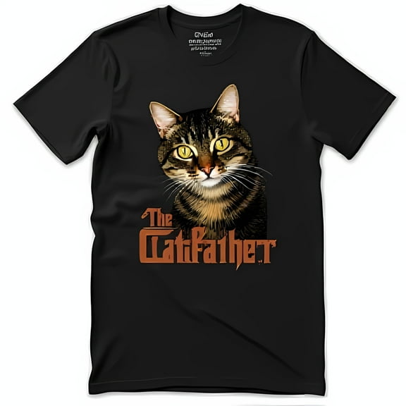 Black T-Shirt with Brown Tabby Cat in Godfather Pose 'The Catfather' Design