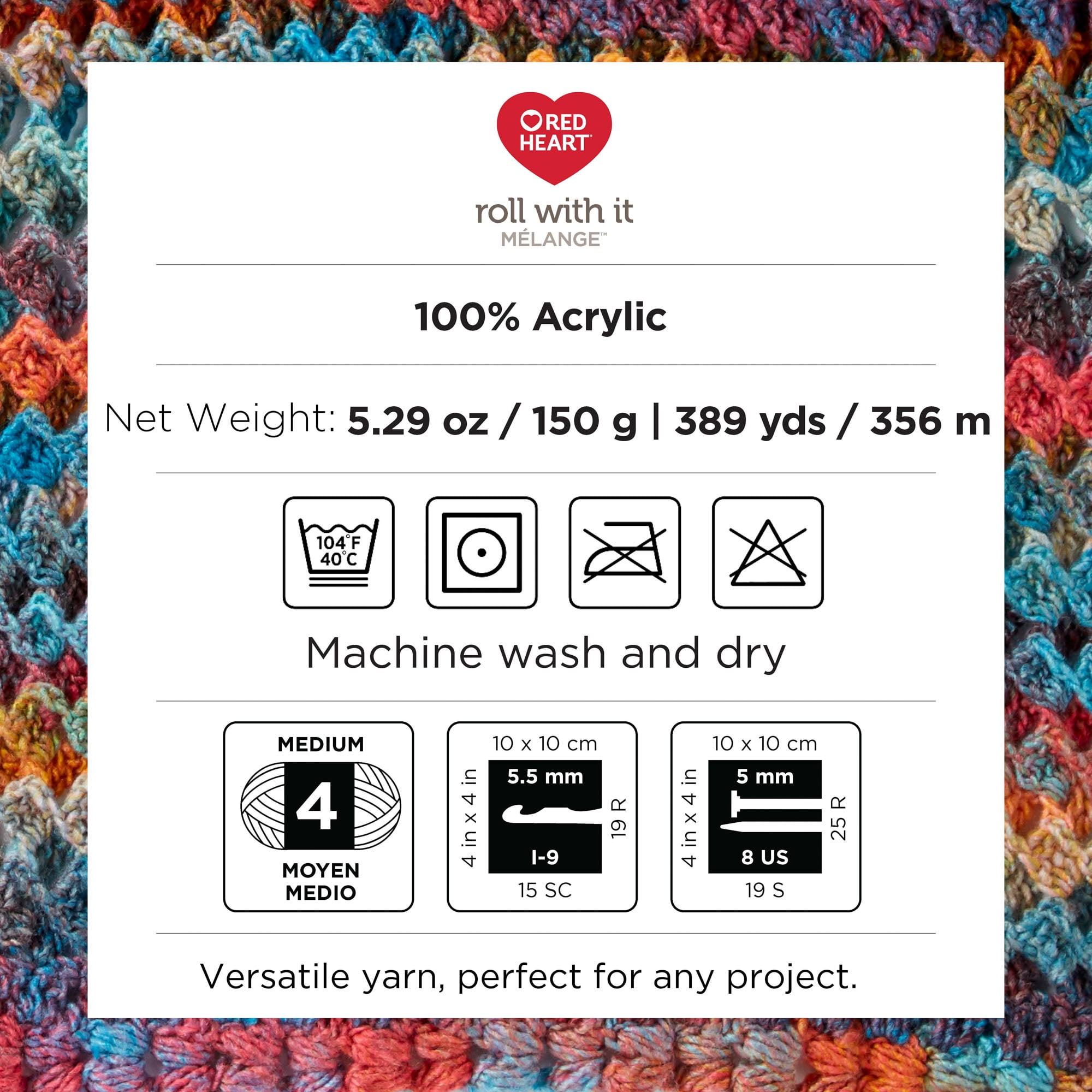 Red Heart® Roll with it melange™ #4 Worsted (Medium) Acrylique Fil, 5.29oz/150g 389 Yards Red Heart Roll with it melange fil
