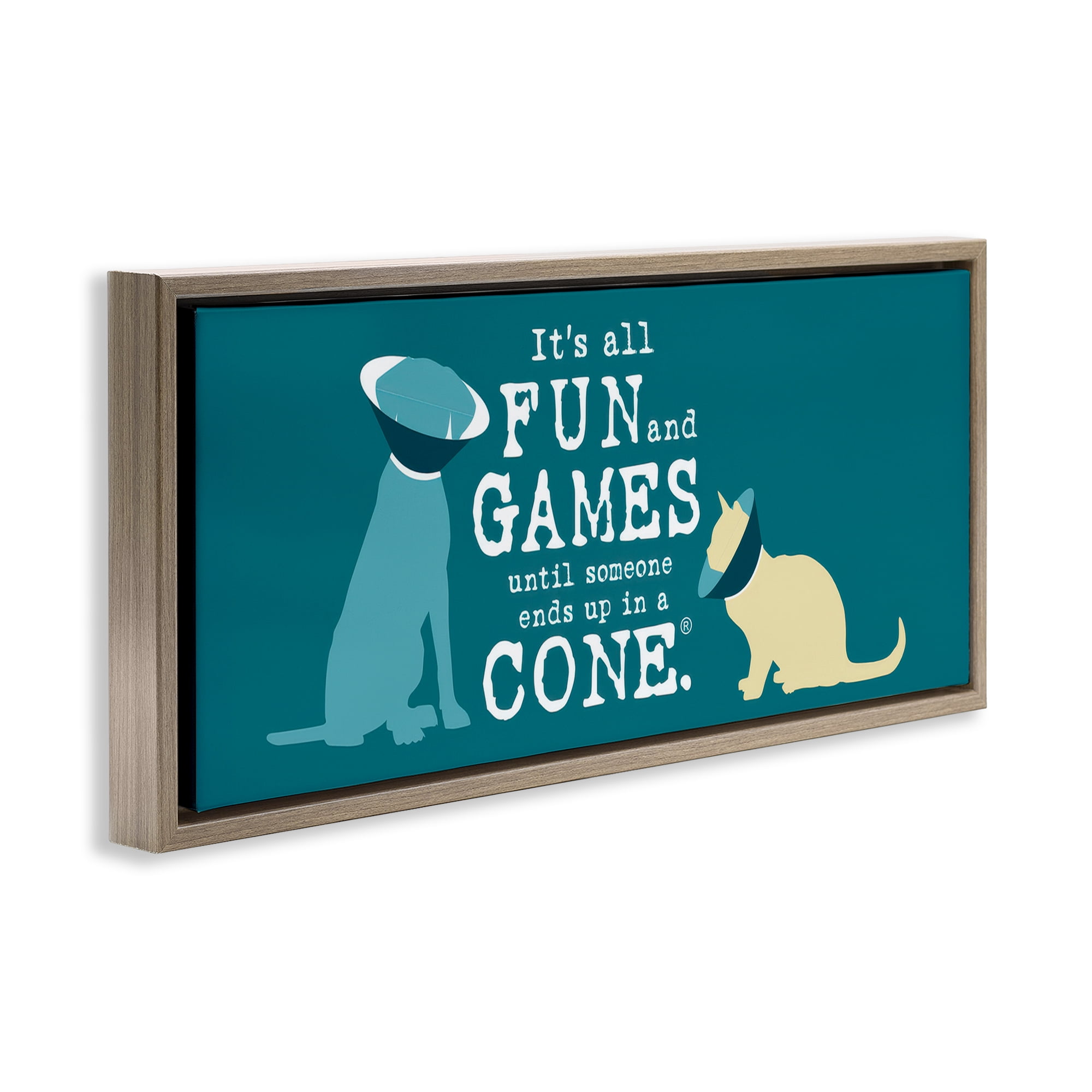 Stupell Industries Funny Cat & Dog Cone Animals Painting Brown Floater Framed Canvas Art Print Wall Art, 31 x 14