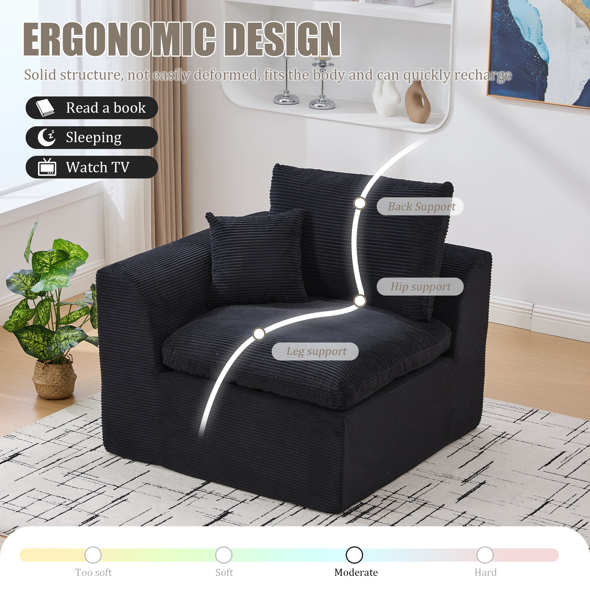 Leumius 80" Cloud Couch,Modern 2 Seater Sofa with Pillow,Upholstered Corduroy Fabric Modern Loveseat for Living Room Bedroom Apartments Dorms,No Assembly Required,Black