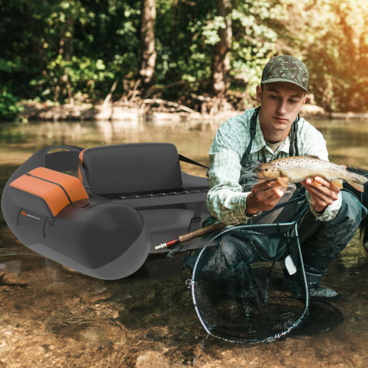 Goplus Inflatable Fishing Float Tube w/Pump & Storage Pockets & Fish Ruler Beige
