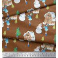thumbnail image 2 of Soimoi Brown Rayon Fabric Snowman,House & Tree Christmas Printed Fabric 1 Yard 56 Inch Wide, 2 of 3
