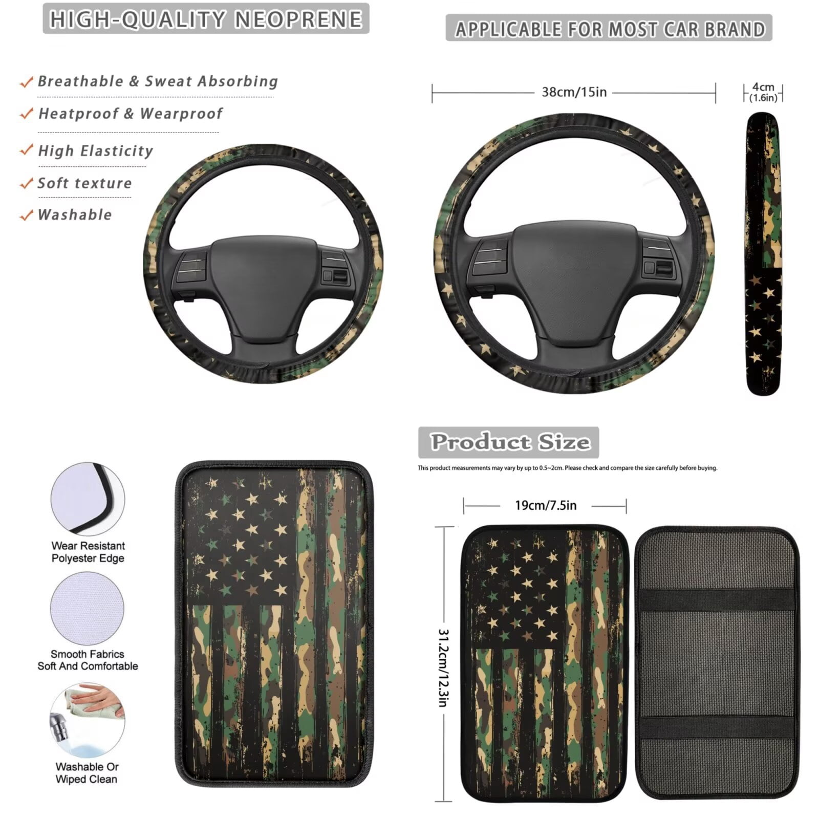 Garronmavis 13-Piece Car Accessory Set Includes Front and Rear Seat Covers Armrest Cover Pad Steering Wheel Cover Key Fob Coaster Lipstick Cover Protective Cover American Flag Camouflage