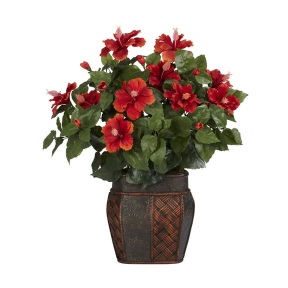Nearly Natural Plastic 22" Hibiscus Artificial Plant with Vase, Red