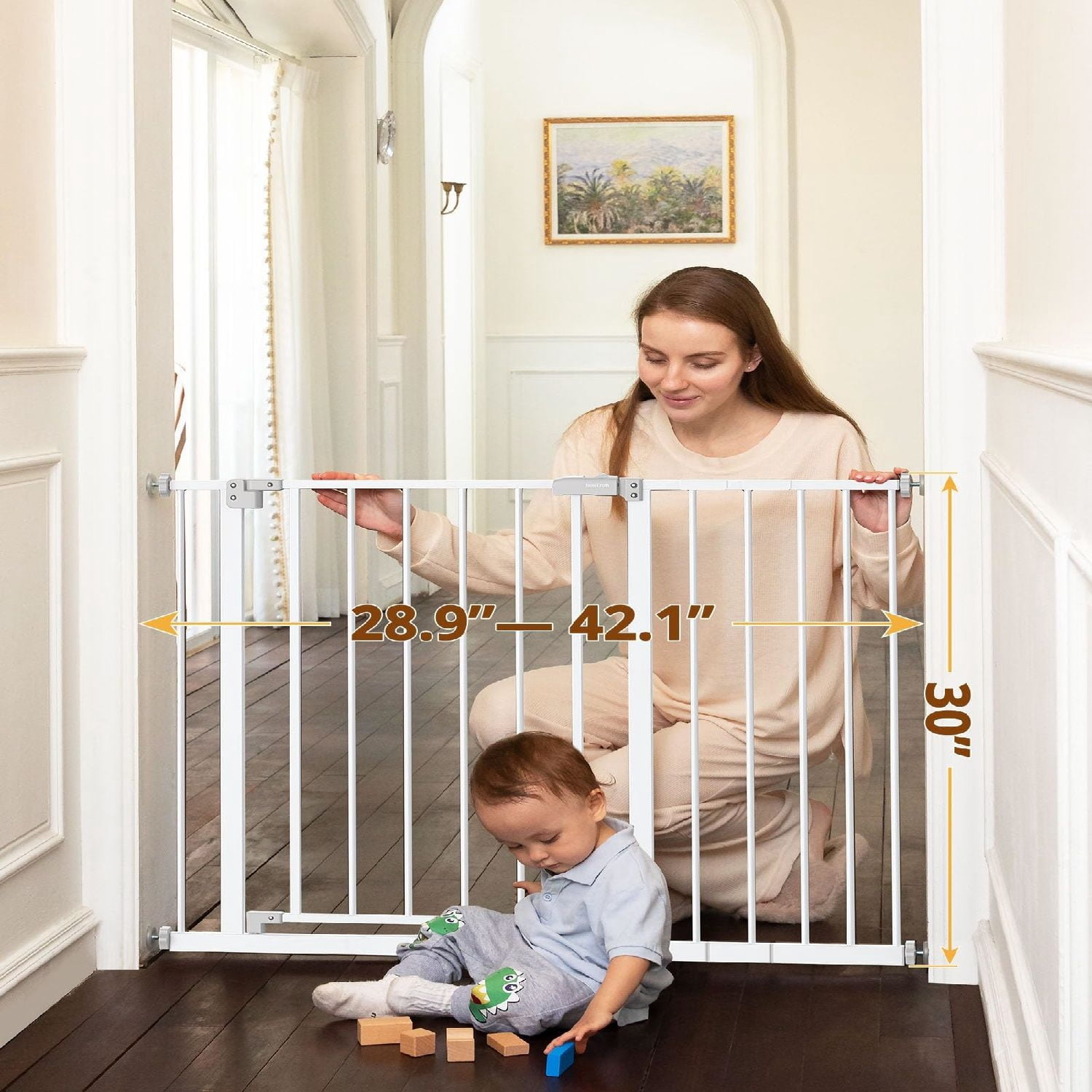 28.9-42.1" Wide  Gate for Stairs & Doorways, 30" Tall Pressure Mounted Dog Gates for Stairs Expandable One-Hand Open, Easy Step Walk Through Dual Lock Metal Pet Gates for Dogs, White