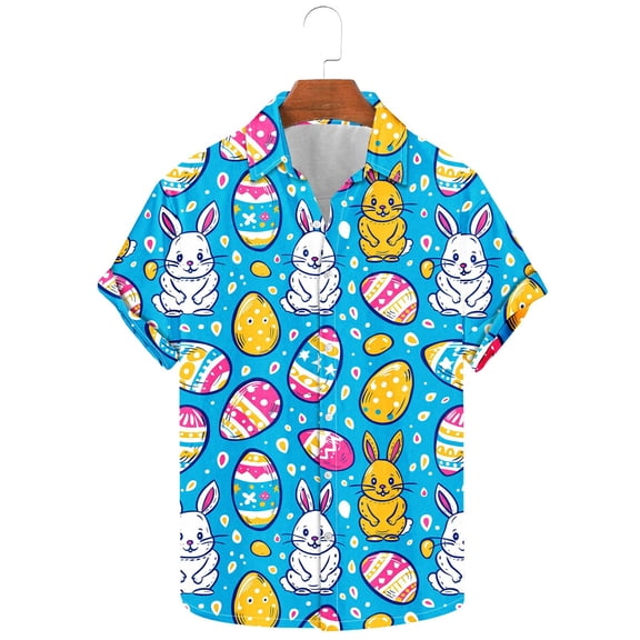 BLTIBY Mens Easter Shirts Summer Button Up Eggs Bunny Graphic Party Casual Male Short Sleeve Lapel Shirt Printed Stylish Hawaiian Tops Multicolor XXL