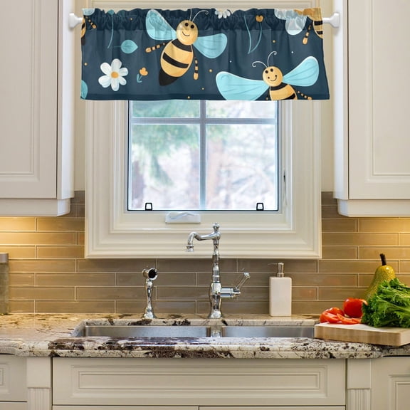 Bees Flowers Leaves Curtain Valances Farmhouse Design Window Treatment Decor Blackout Rod Pocket for Windows Living Room Kitchen 54" x 18"