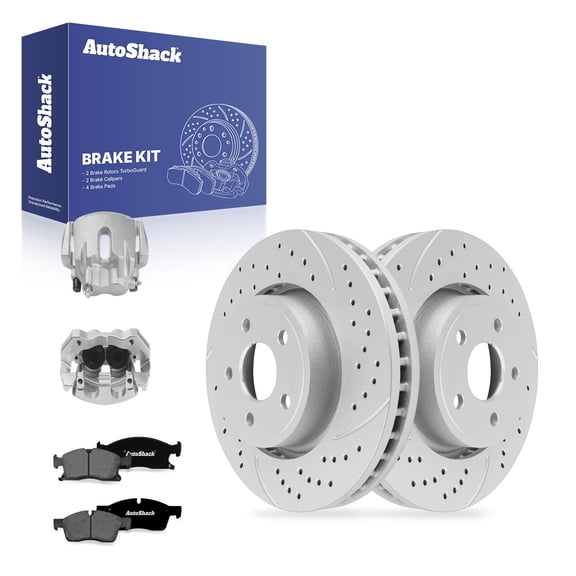 AutoShack Front Brake Rotors, Premium Pads & Calipers for Jeep, Grand Cherokee 2011-2017 - Coated Drilled & Slotted - Silver Matte Finish - TurboGuard - 13.78" (350 mm), 5-Lug