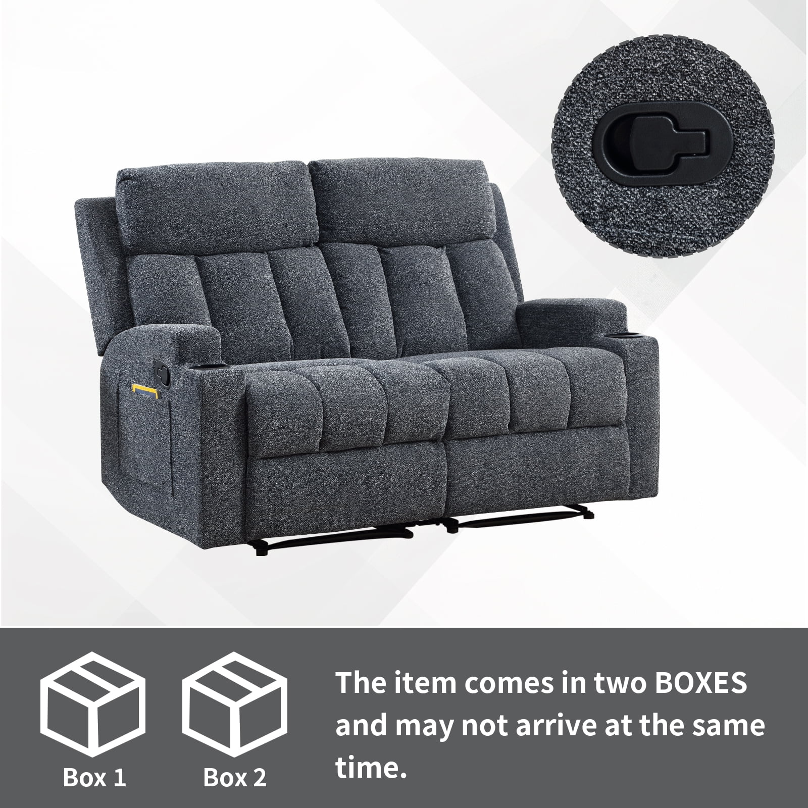 Ebello Manual Recliner Loveseat, Extra Wide Soft Fabric Overstuffed 2-Seat Reclining Sofa with Cup Holders for Living Room & Home Theater, Navy