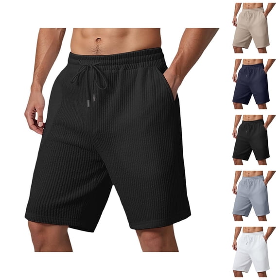 Mens Shorts Summer Casual Heavyweight Jacquard Elastic Waist Wide Straight Leg Beach Shorts with Pockets