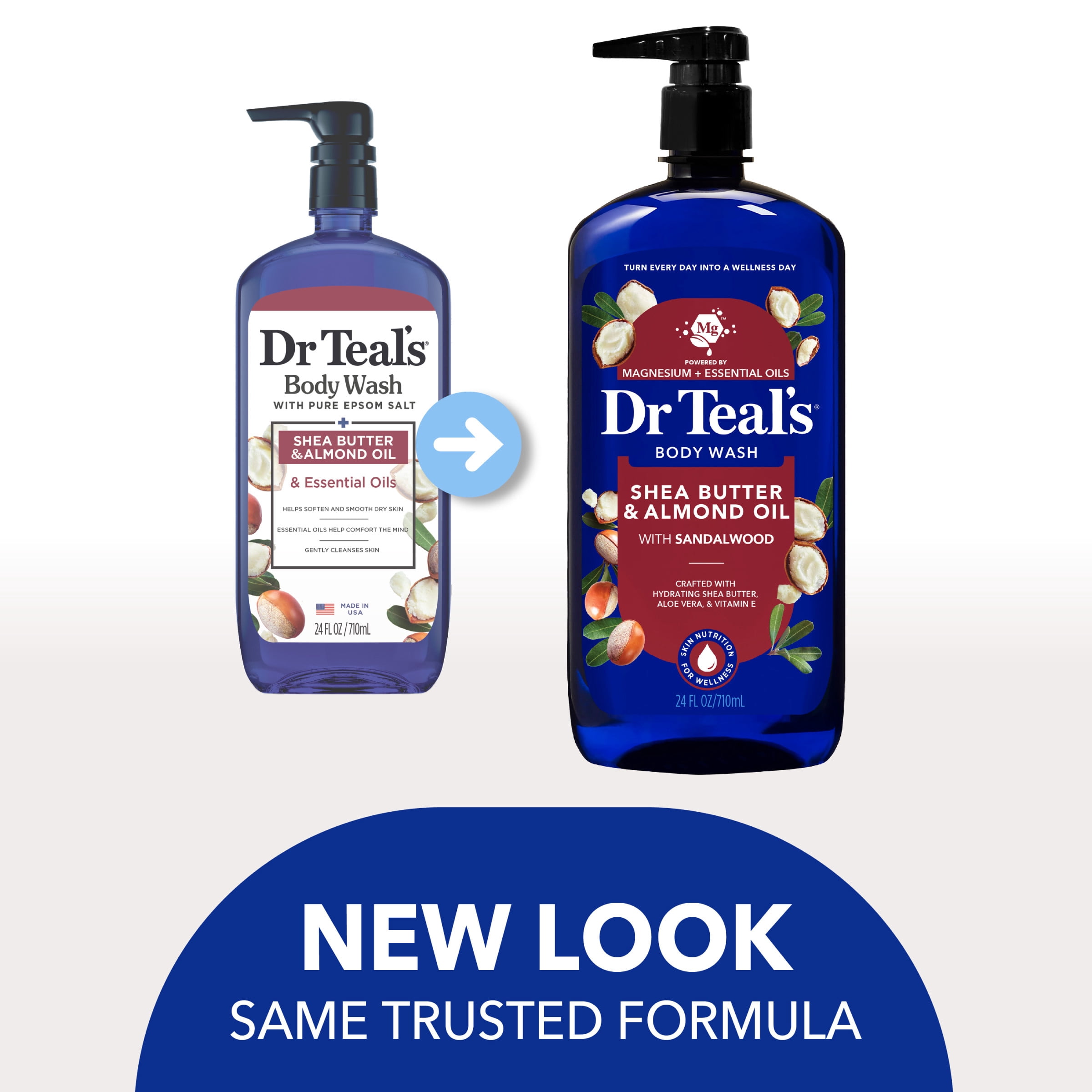 (4 pack) Dr Teal’s Body Wash with Shea Butter & Almond and Pure Epsom Salt, 24 fl oz