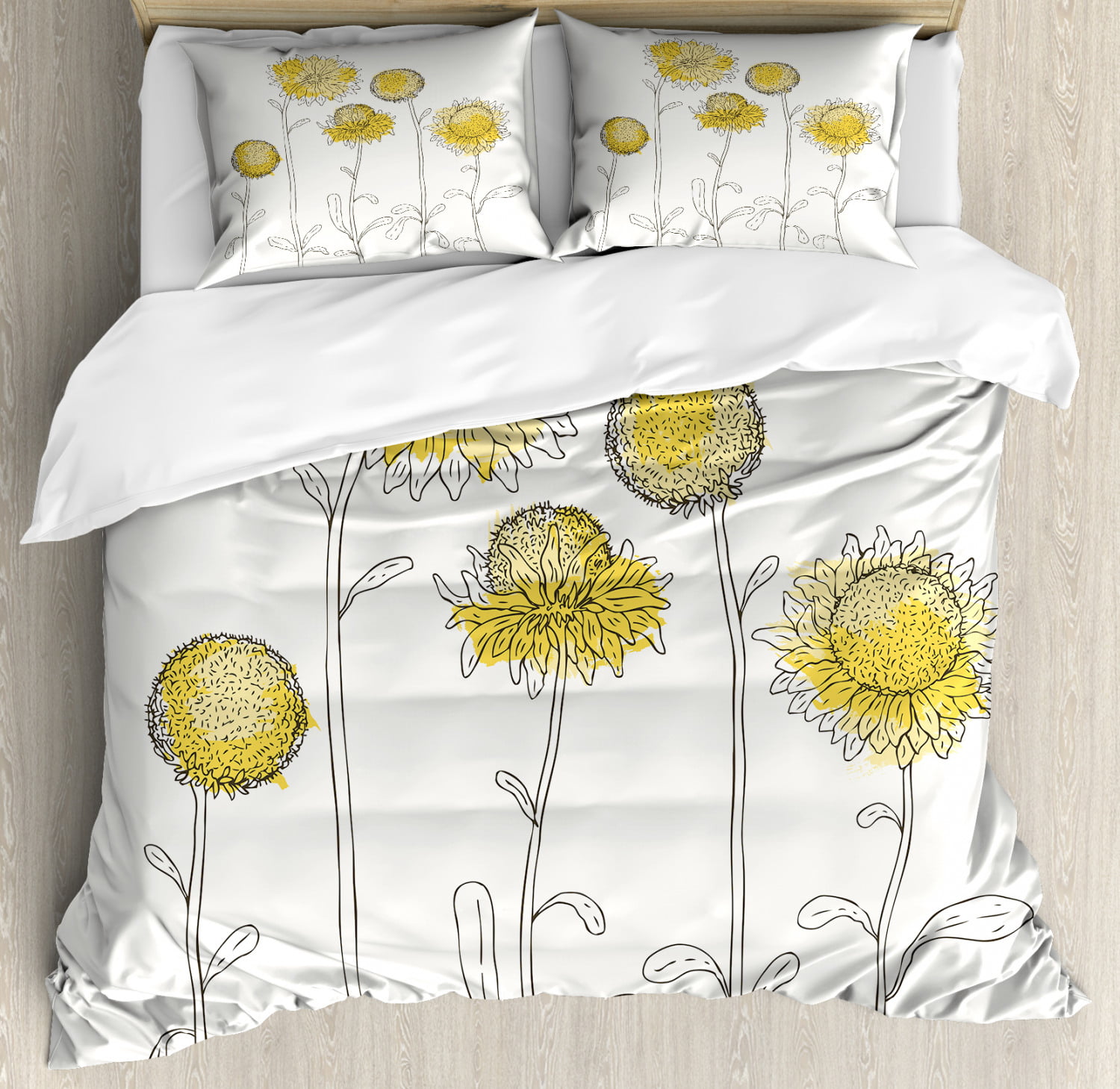 Yellow Flower Duvet Cover Set Hand Drawn Style Sunflowers On